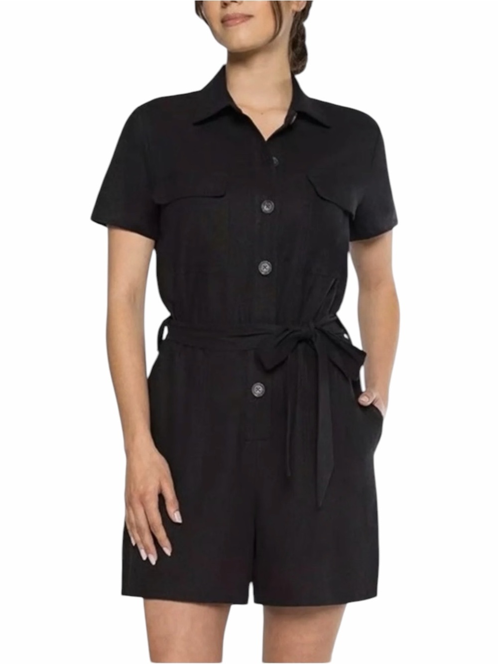 Matty M Black Linen Blend Tie-Waist Utility Romper Short Sleeve XL